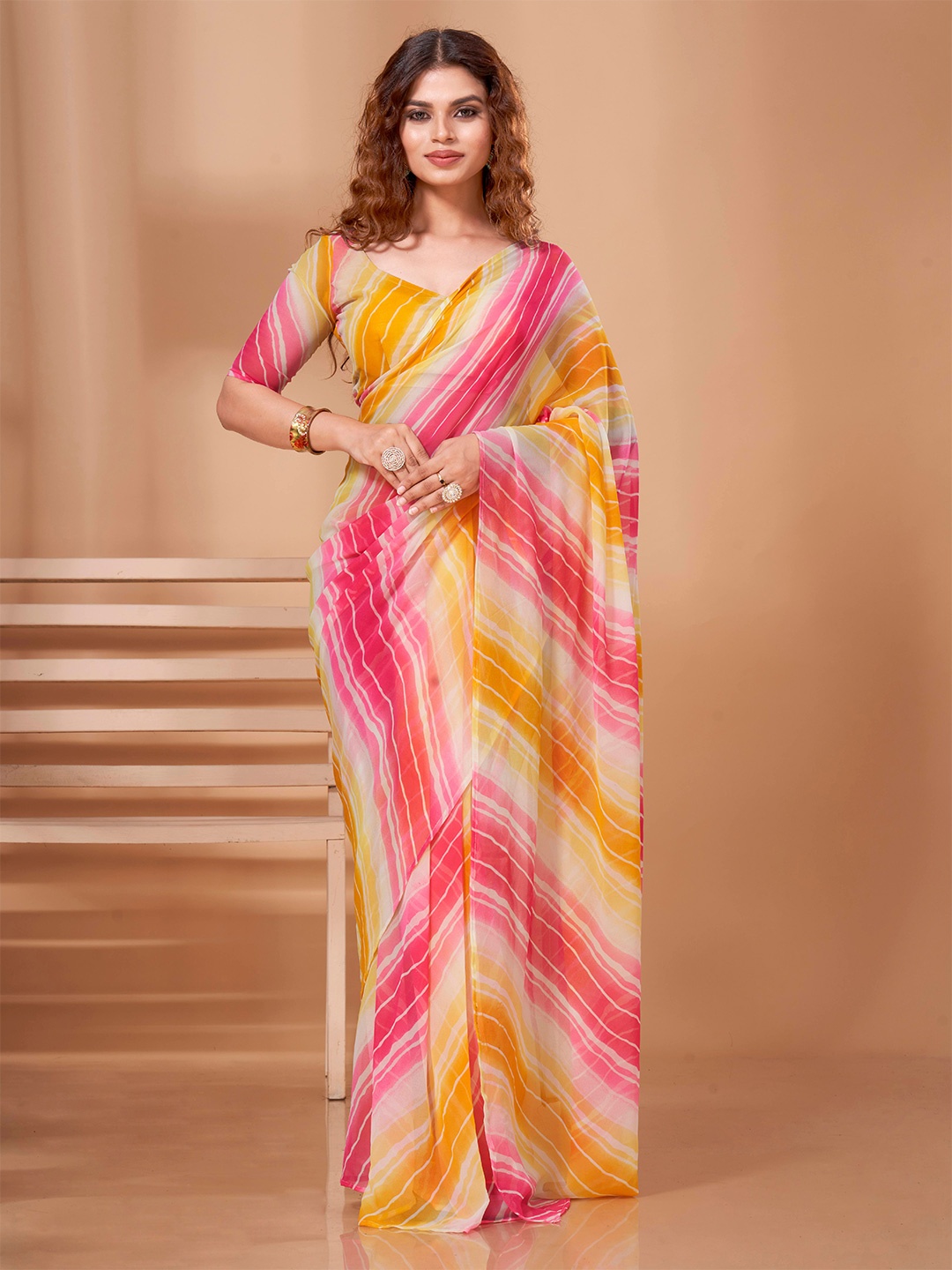 Tikhi Imli Striped Leheriya Ready To Wear Saree, White