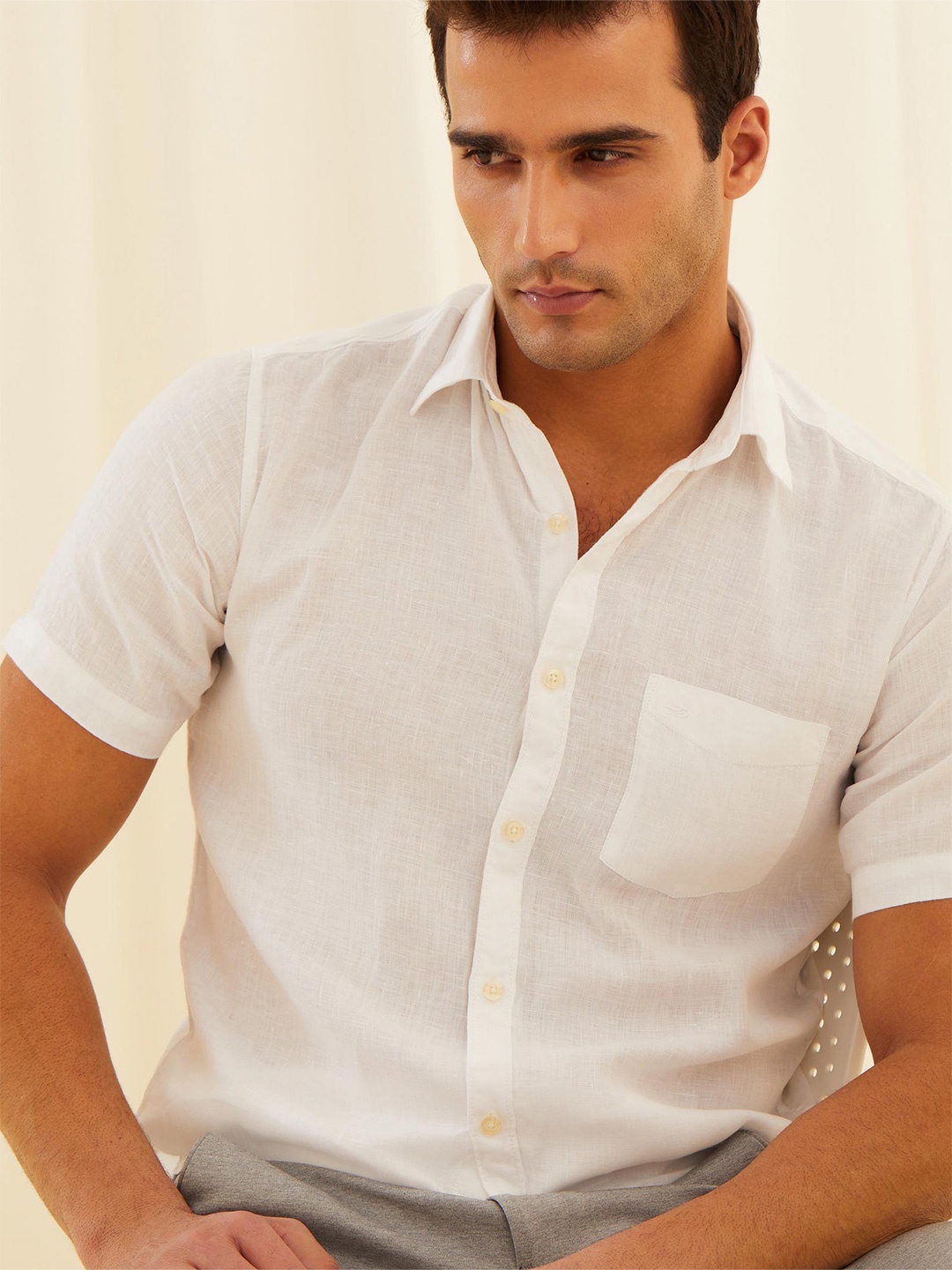 

Red Flame Spread Collar Pure Linen Casual Shirt, White