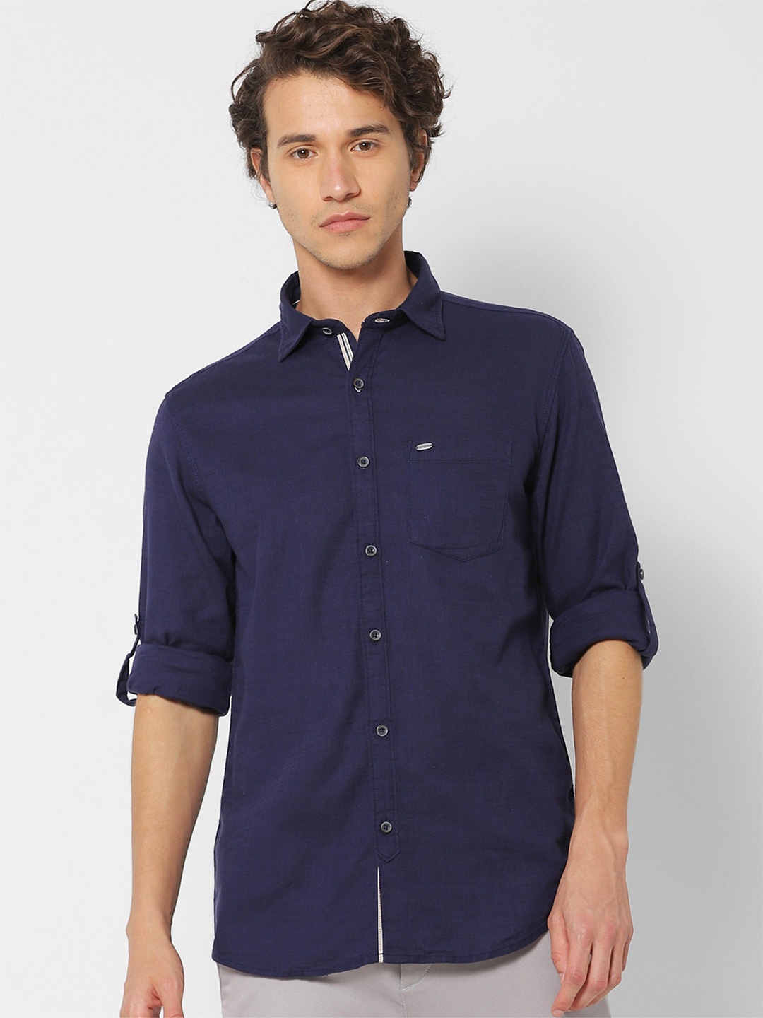 

Red Flame Spread Collar Roll-Up Sleeves Cotton Casual Shirt, Navy blue