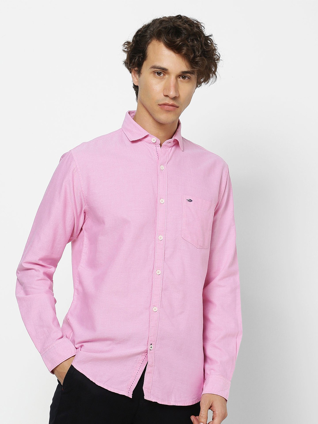 

Red Flame Spread Collar Long Sleeves Cotton Casual Shirt, Pink