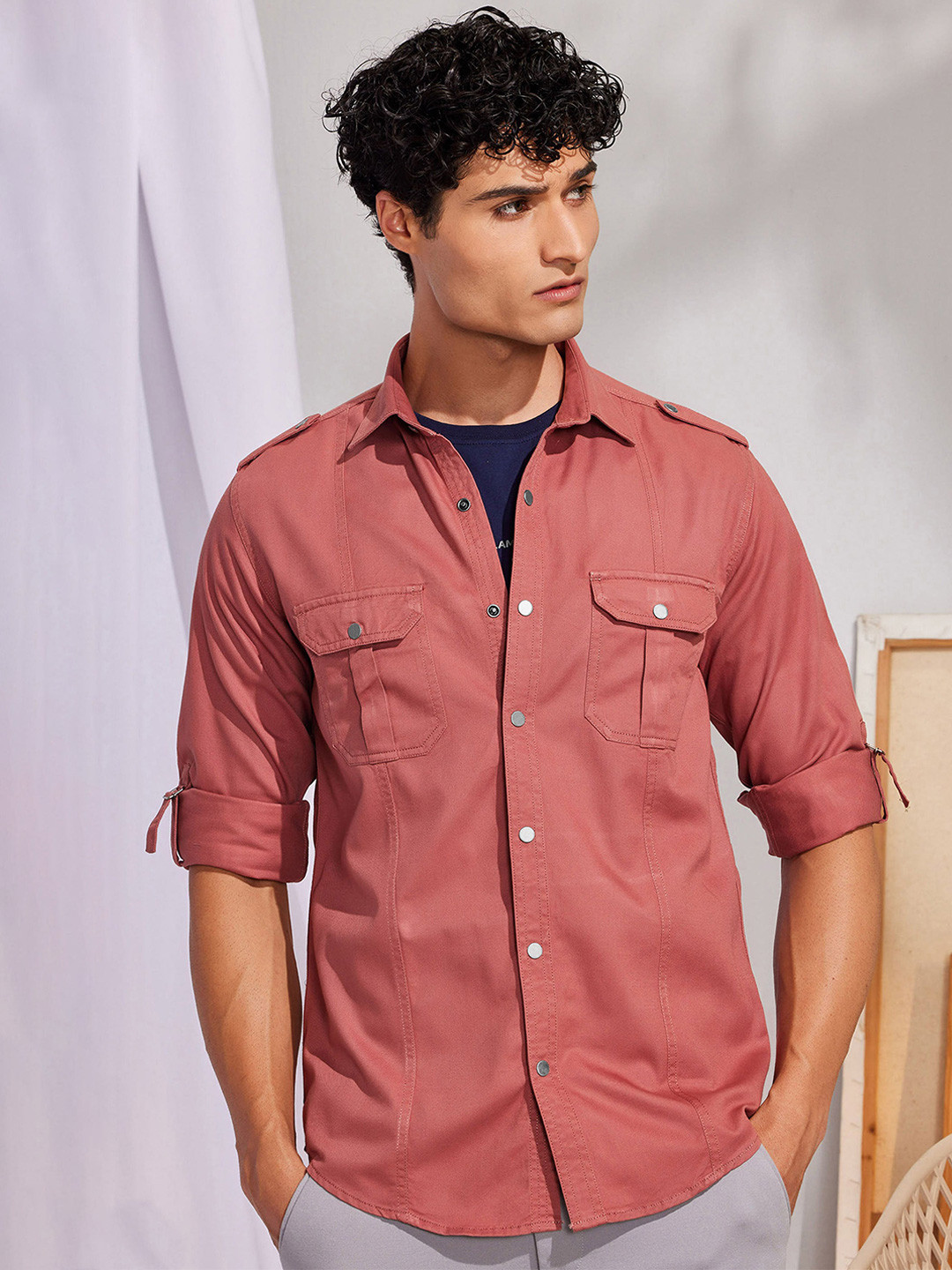 

Red Flame Spread Collar Twill Weave Casual Shacket, Pink