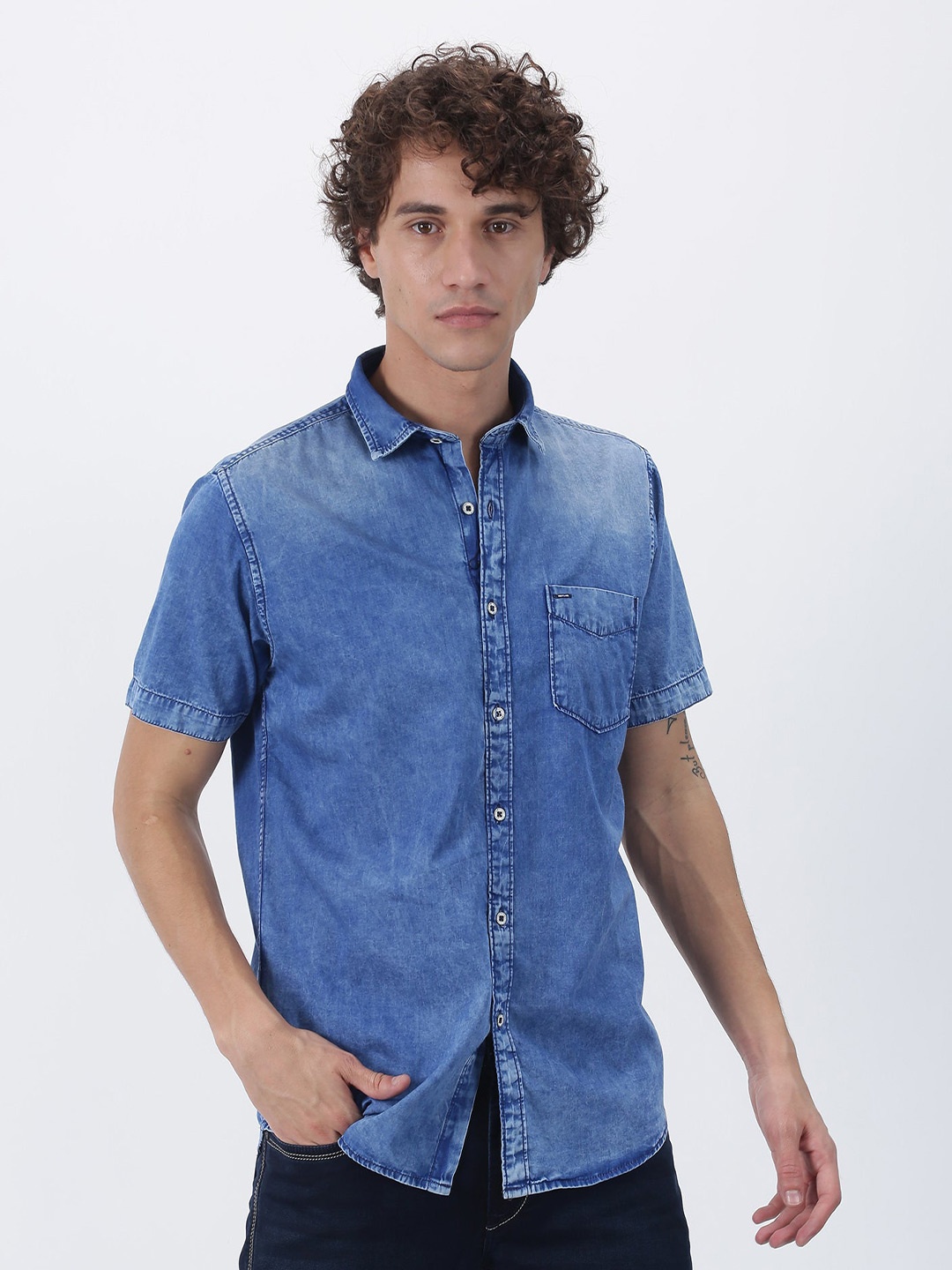 

Red Flame Faded Spread Collar Short Sleeves Cotton Casual Shirt, Blue