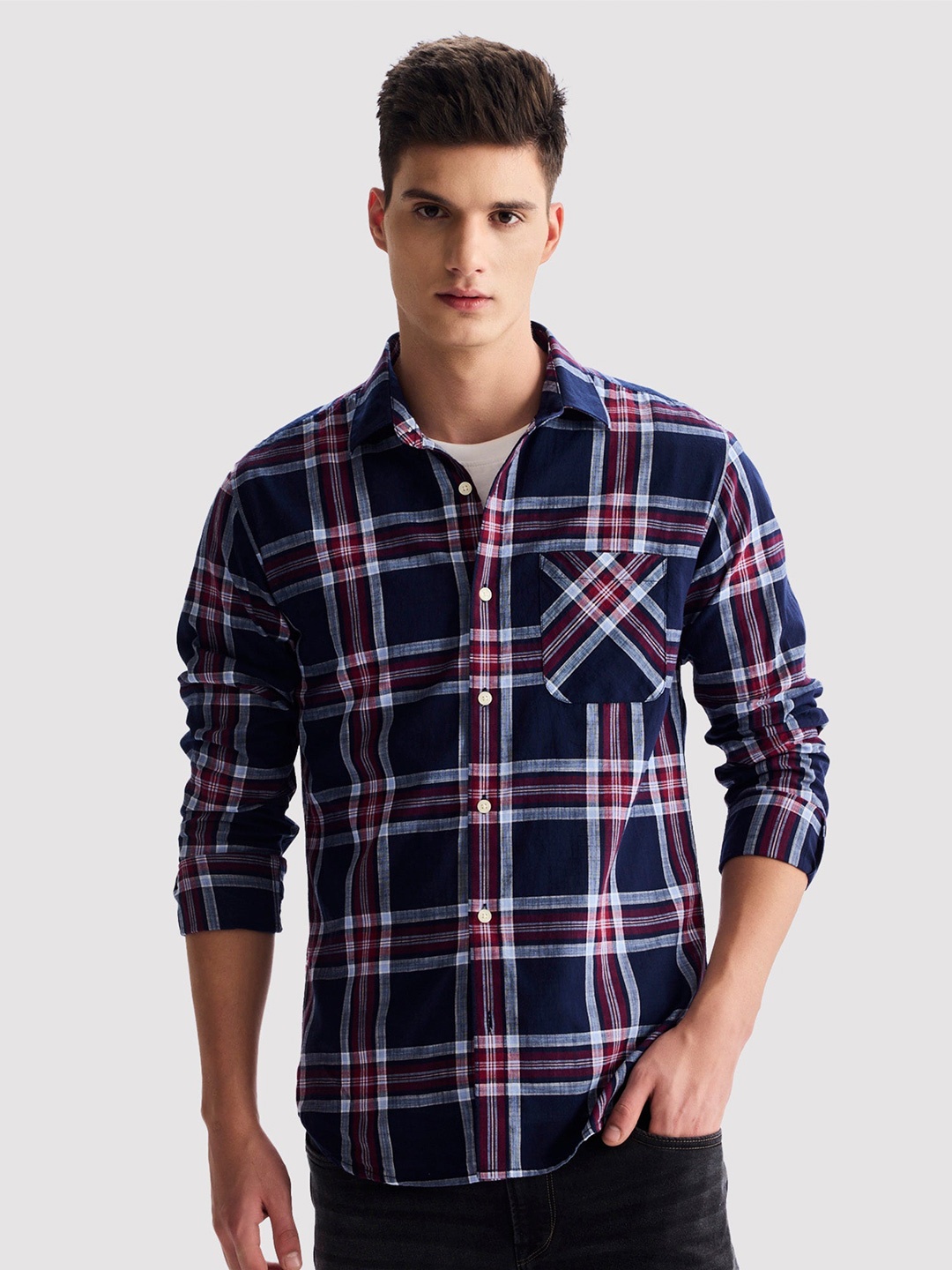 

Red Flame Men Tartan Checks Opaque Checked Casual Shirt, Navy blue