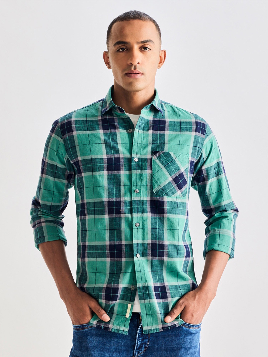 

Red Flame Men Opaque Checked Casual Shirt, Green