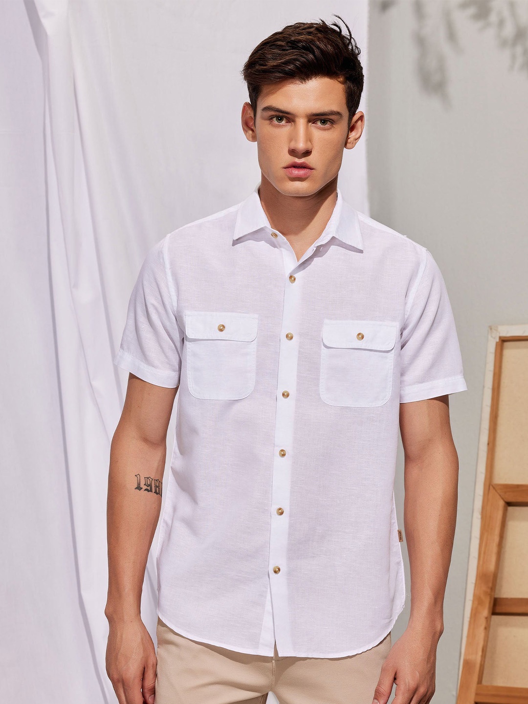 

Red Flame Spread Collar Casual Linen Cotton Shirt, White