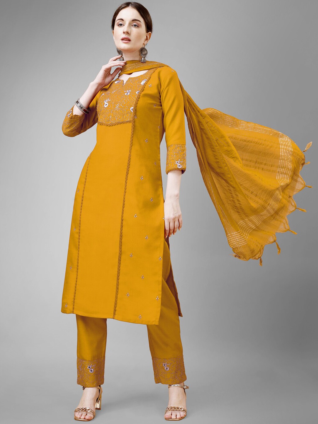 

ARADHNA Ethnic Motifs Embroidered Regular Sequinned Kurta With Trousers & Dupatta, Yellow