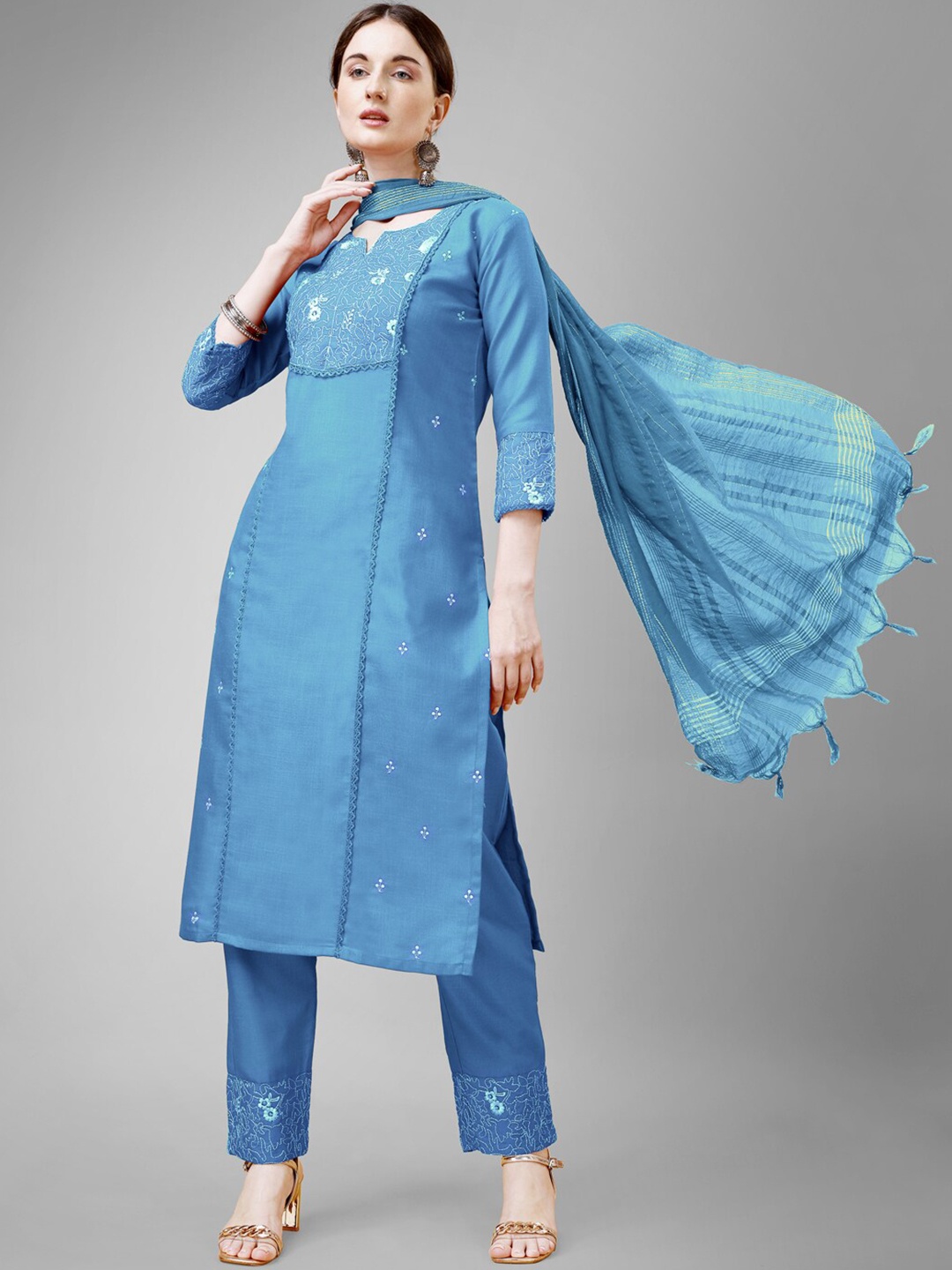 

ARADHNA Ethnic Motifs Embroidered Regular Thread Work Kurta With Trousers & Dupatta, Blue
