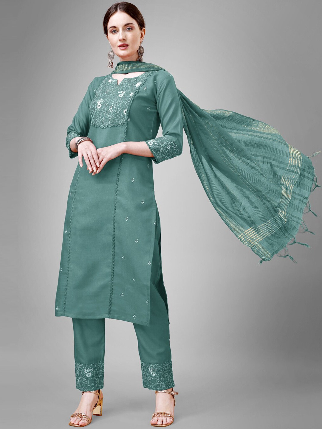 

ARADHNA Ethnic Motifs Embroidered Notched Neck Thread Work Kurta with Trousers & Dupatta, Teal