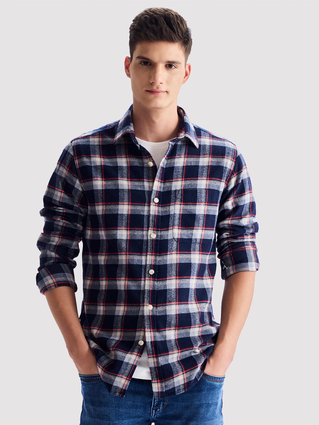 

Red Flame Men Opaque Checked Casual Shirt, Navy blue