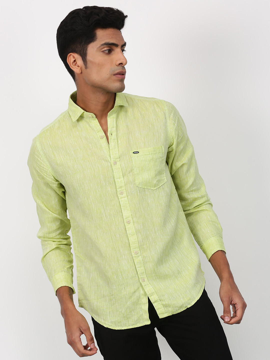 

Red Flame Spread Collar Linen Casual Shirt, Green
