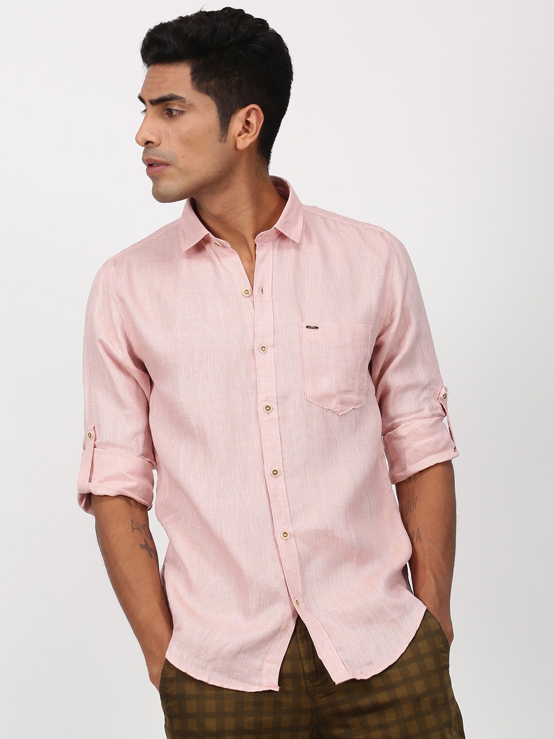 

Red Flame Striped Textured Spread Collar Roll-Up Sleeves Linen Casual Shirt, Pink
