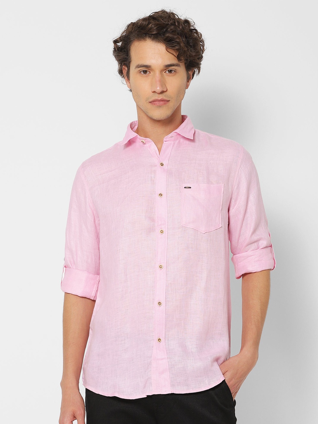 

Red Flame Spread Collar Long Sleeves Linen Casual Shirt, Pink