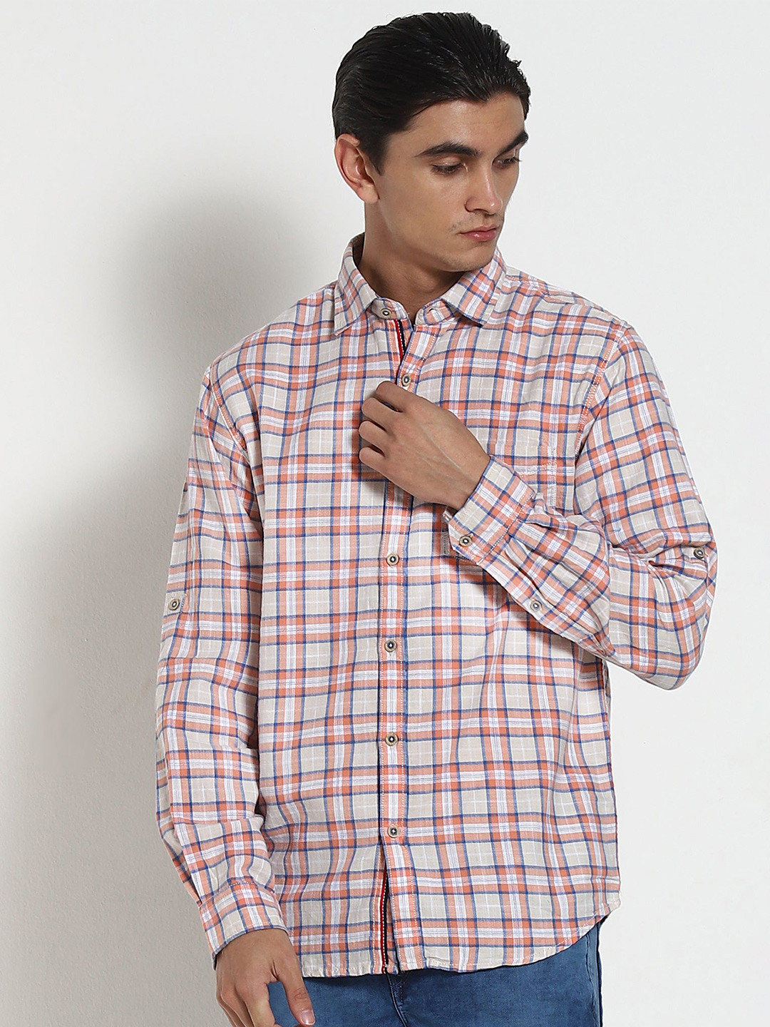 

Red Flame Spread Collar Tartan Checks Cotton Casual Shirt, Orange
