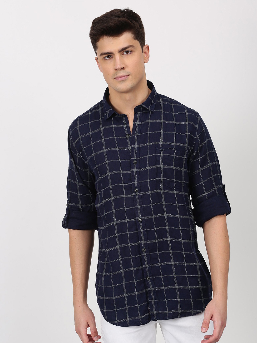 

Red Flame Windowpane Checks Linen Checked Casual Shirt, Navy blue