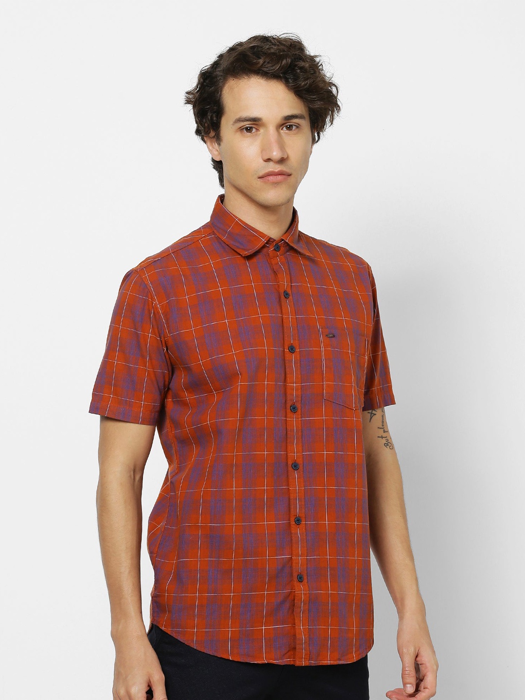 

Red Flame Tartan Checks Spread Collar Cotton Casual Shirt, Orange