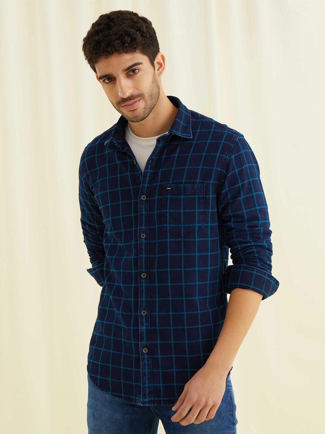 

Red Flame Men Grid Tattersall Checks Opaque Checked Casual Shirt, Navy blue