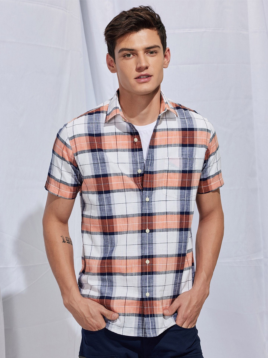 

Red Flame Men Opaque Checked Casual Shirt, Orange