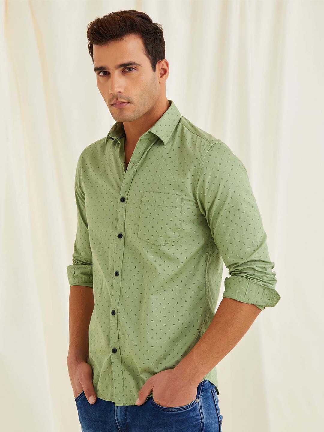 

Red Flame Men Opaque Printed Casual Shirt, Green