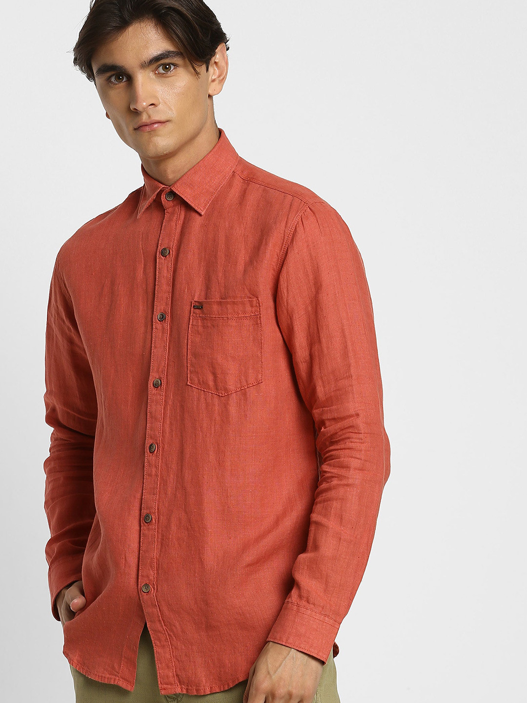 

Red Flame Spread Collar Long Sleeves Linen Casual Shirt