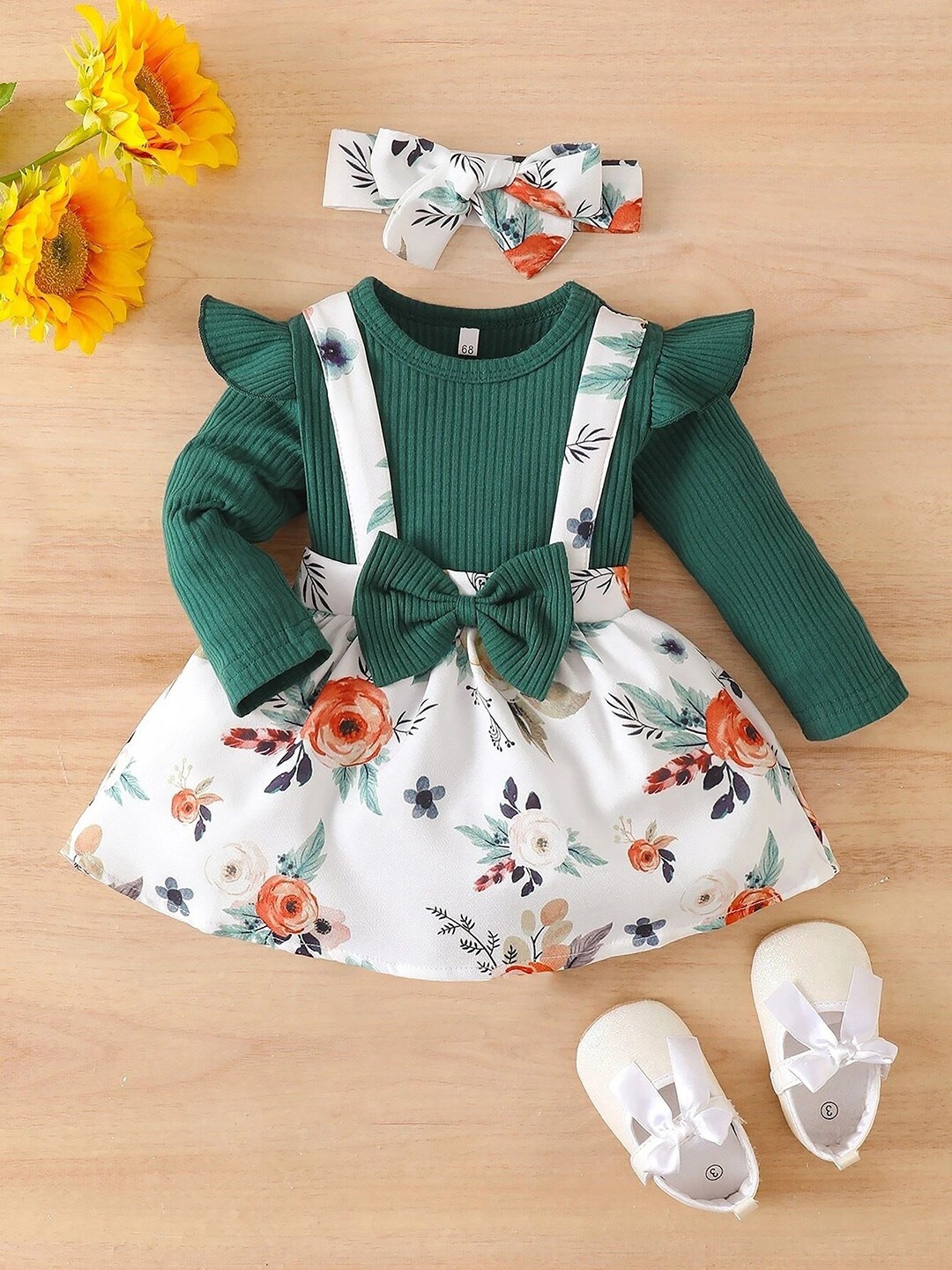 

BAESD Girls Floral Printed Round Neck Fit & Flare Flared Dress, Green