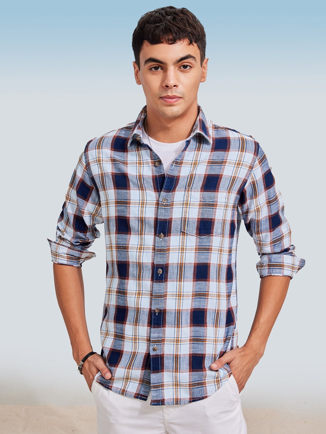 

Red Flame Tartan Checks Cotton Regular Fit Casual Shirt, Blue