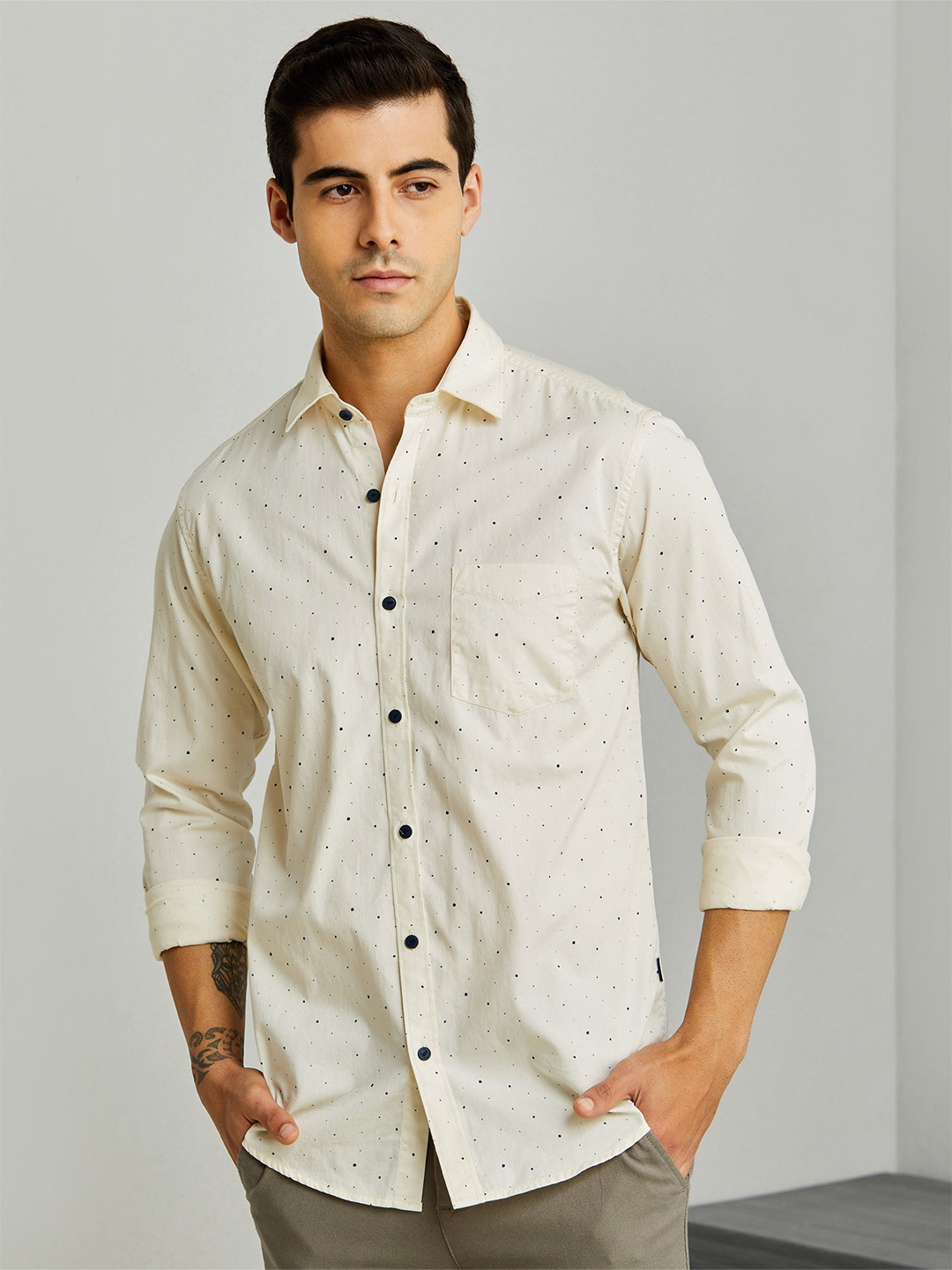 

Red Flame Men Opaque Printed Casual Shirt, Cream