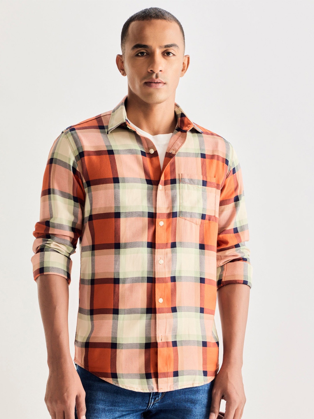 

Red Flame Men Opaque Checked Casual Shirt, Orange