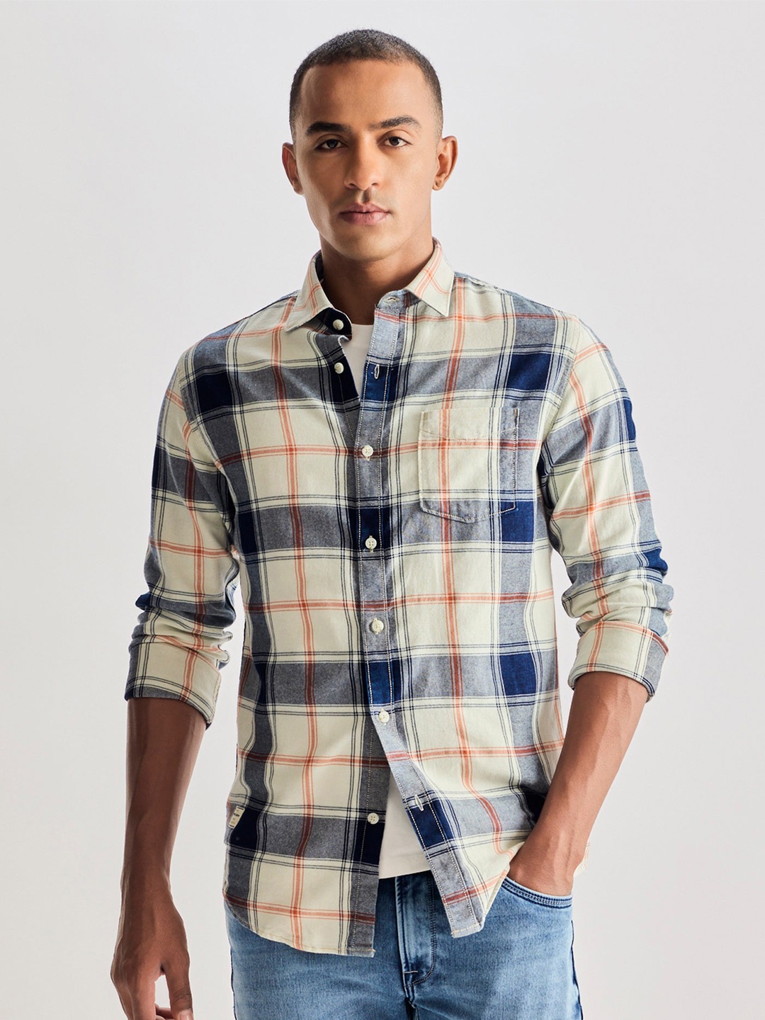 

Red Flame Men Tartan Checks Opaque Checked Casual Shirt, Cream
