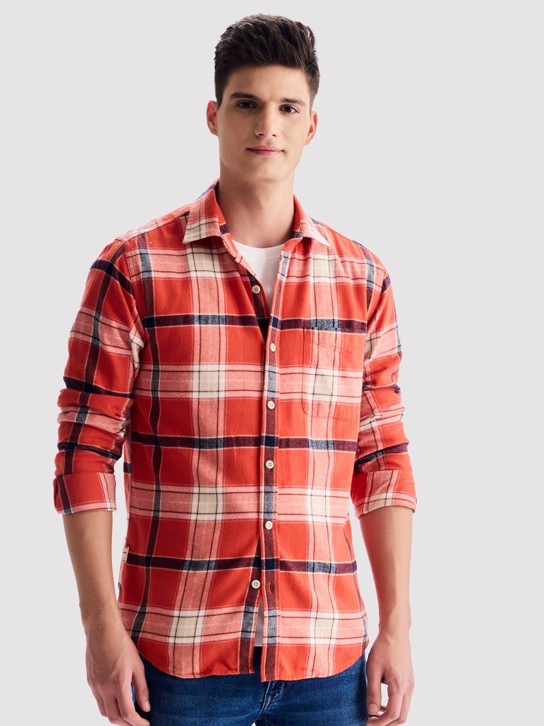 

Red Flame Men Tartan Checks Opaque Checked Casual Shirt, Orange