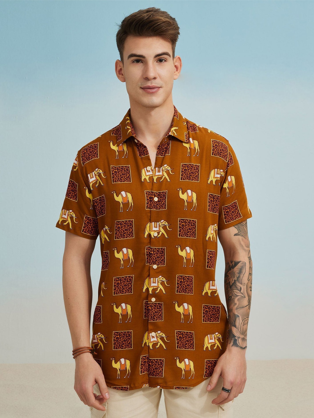 

Red Flame Conversational Printed Cotton Casual Shirt, Khaki