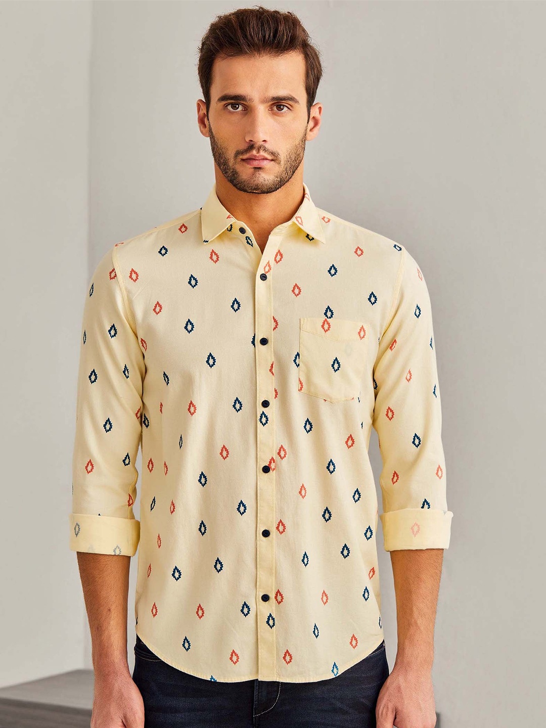 

Red Flame Men Opaque Printed Casual Shirt, Yellow