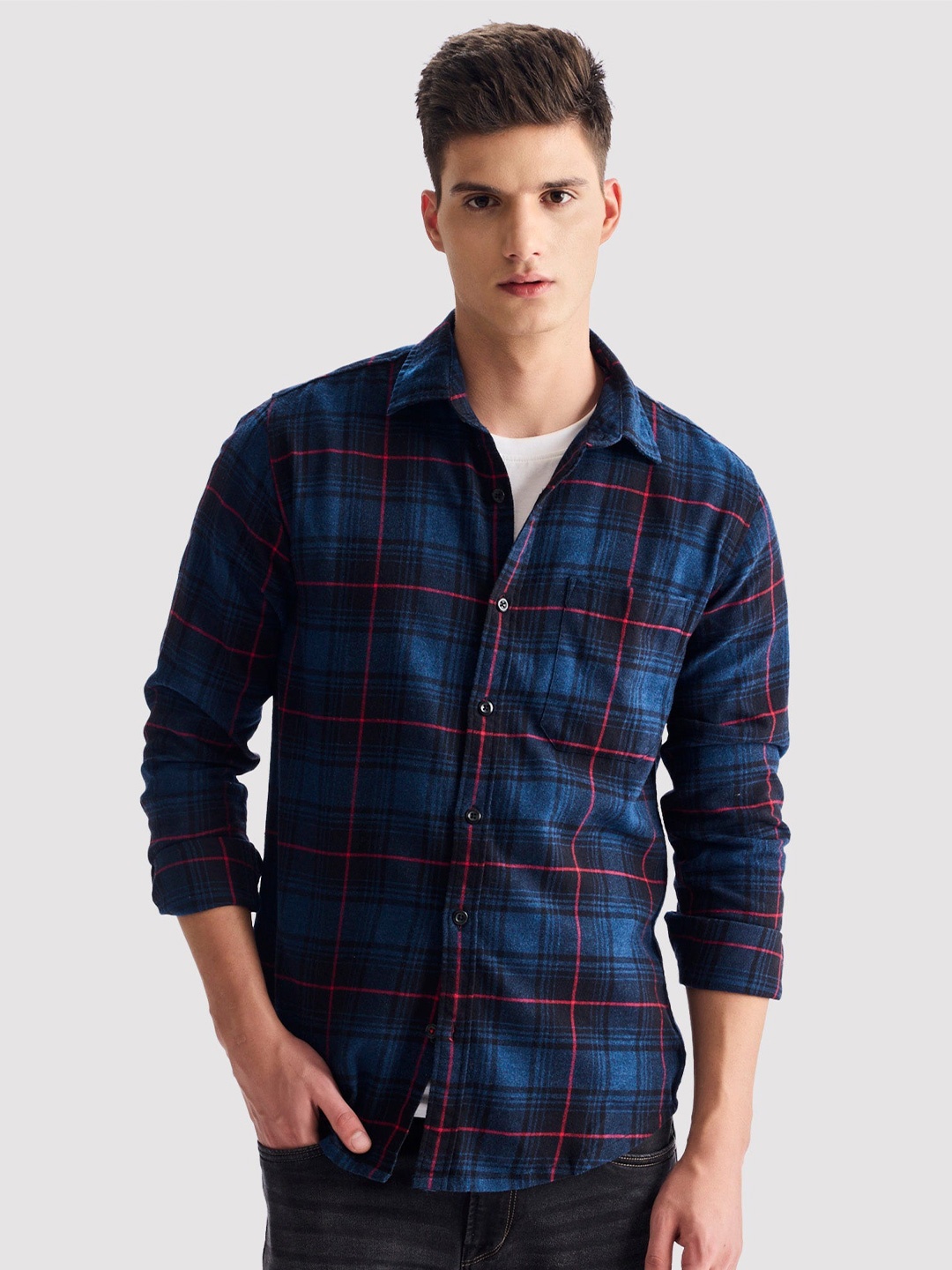 

Red Flame Men Tartan Checks Opaque Checked Casual Shirt, Navy blue