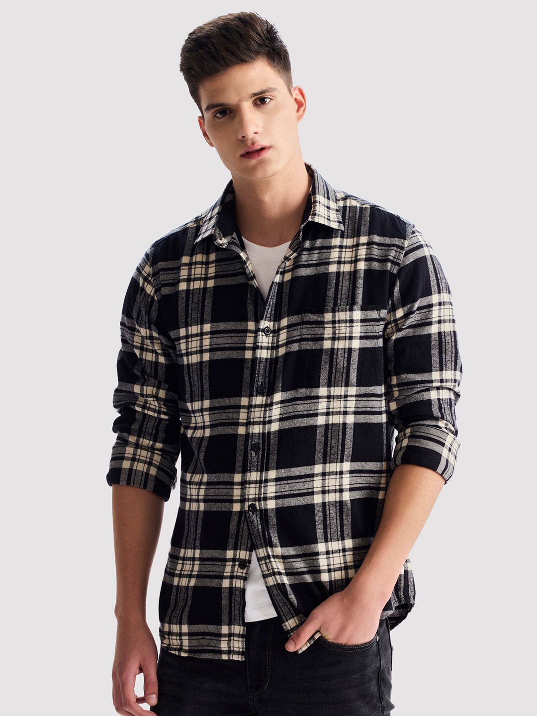 

Red Flame Men Tartan Checks Opaque Checked Casual Shirt, Black