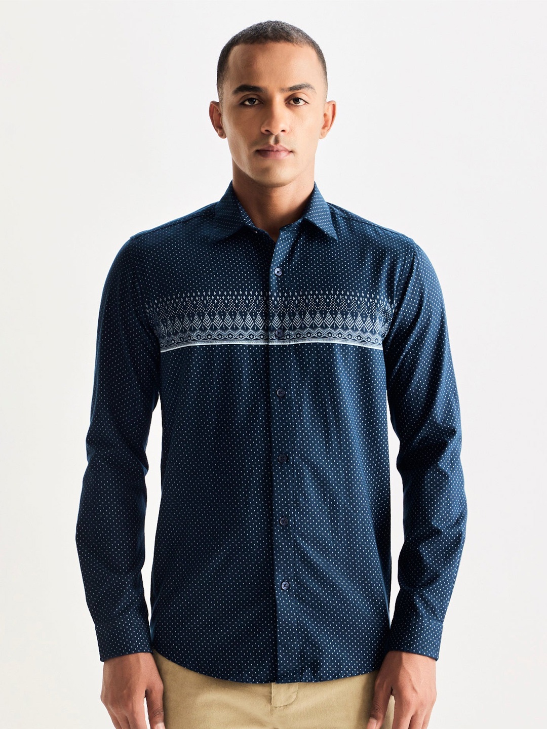 

Red Flame Men Opaque Printed Casual Shirt, Navy blue