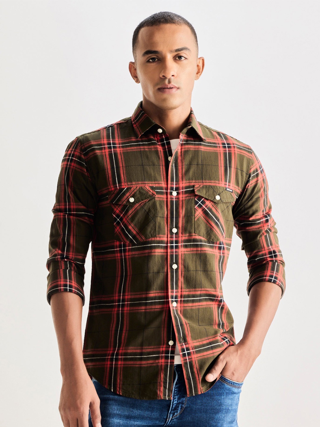 

Red Flame Men Tartan Checks Opaque Checked Casual Shirt, Olive