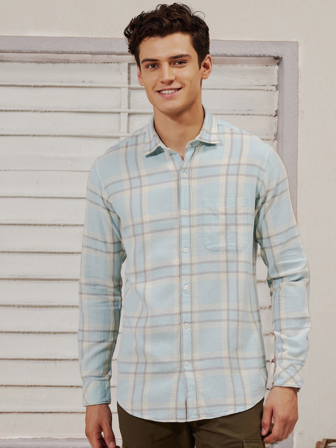 

Red Flame Tartan Checks Cotton Casual Shirt, Blue