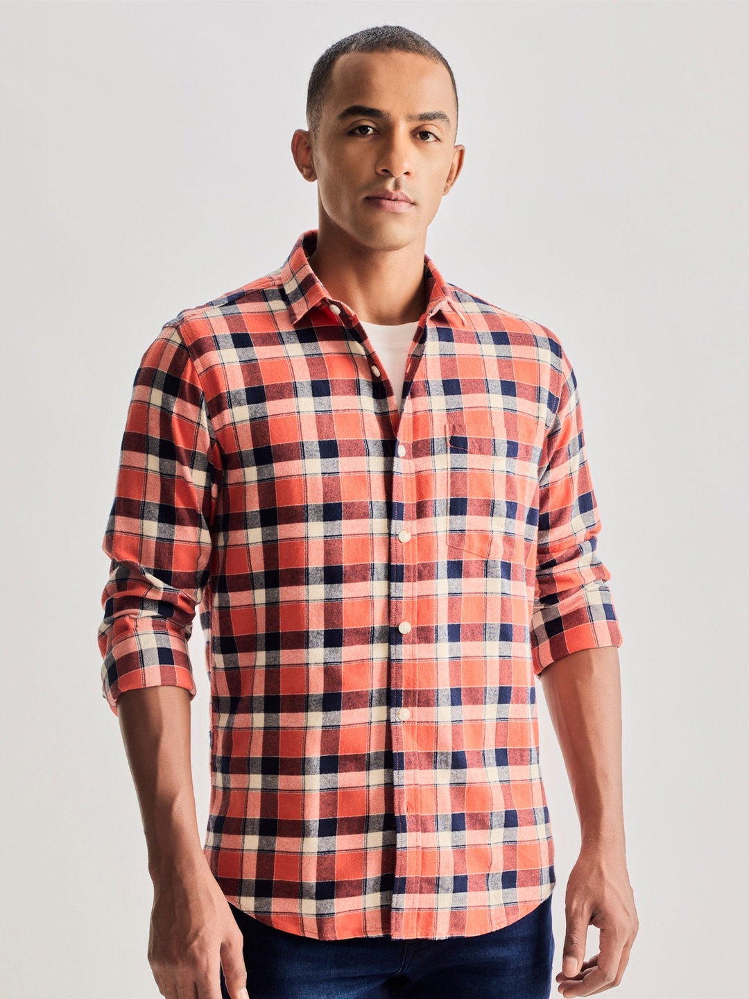 

Red Flame Men Opaque Checked Casual Shirt, Orange