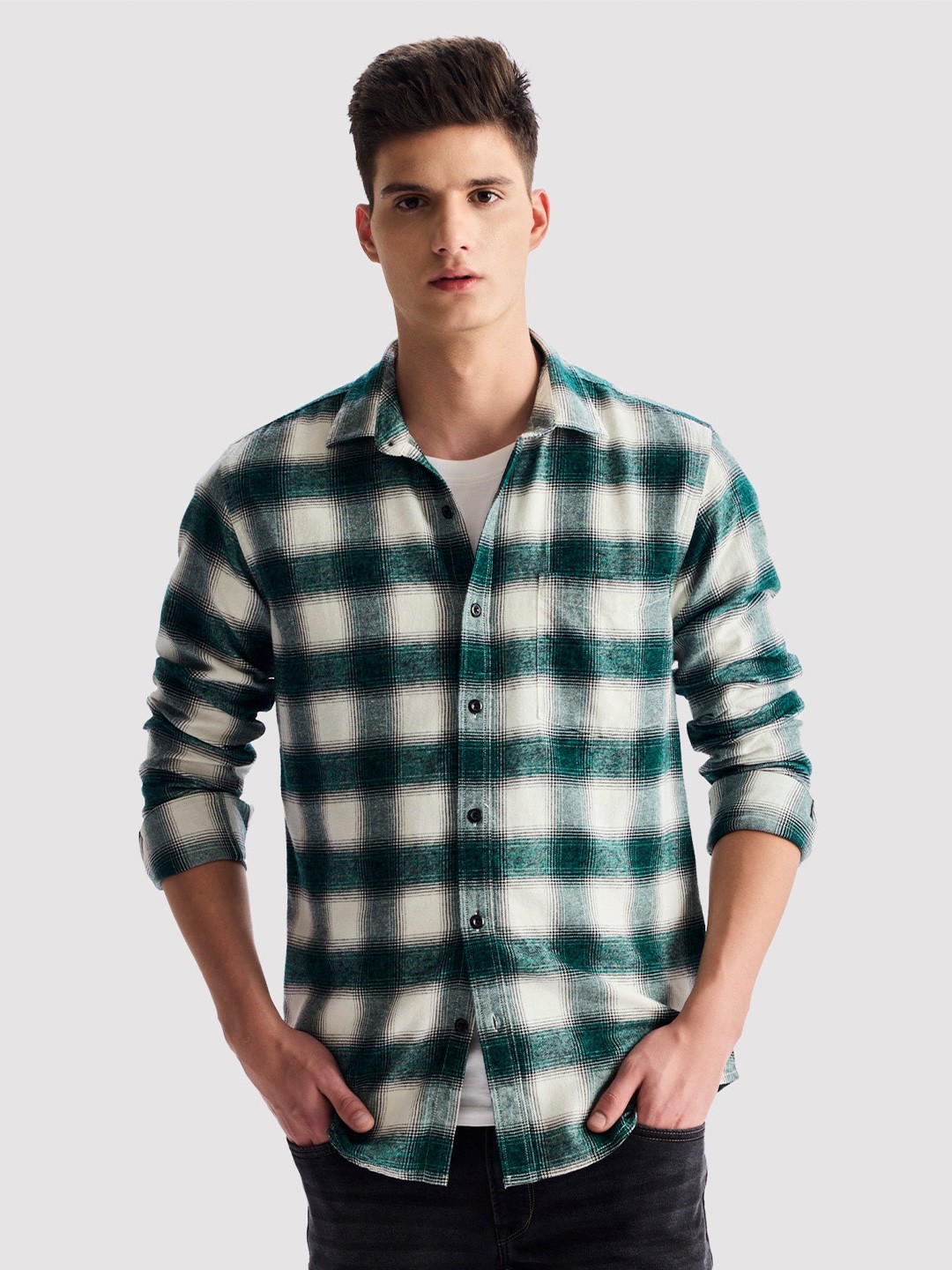 

Red Flame Men Opaque Checked Casual Shirt, Green