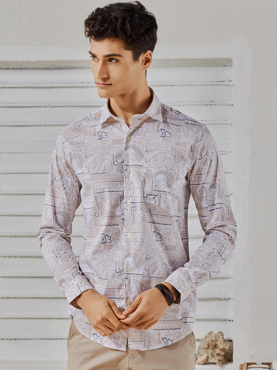 

Red Flame Floral Printed Regular Fit Casual Shirt, Cream