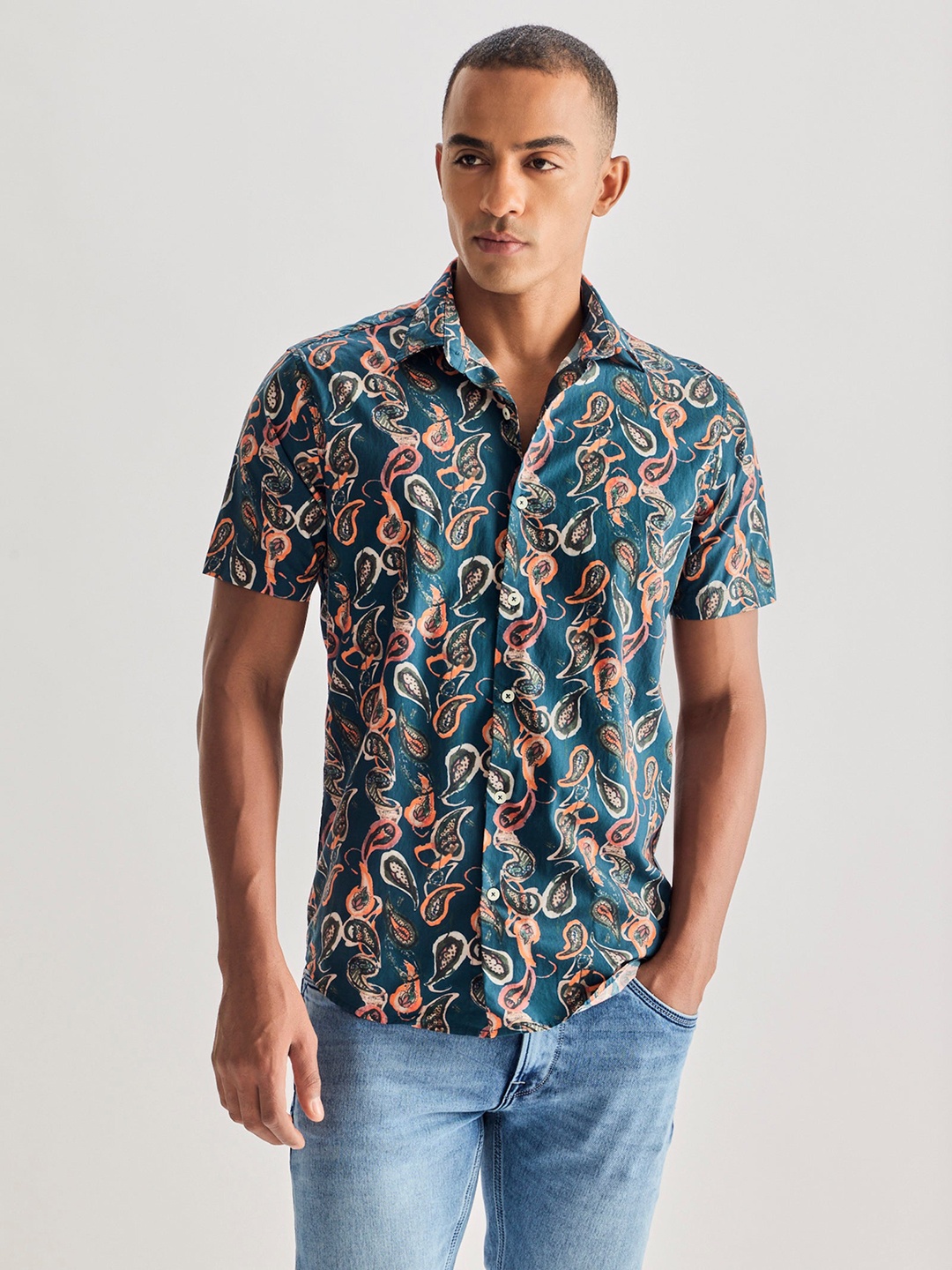 

Red Flame Ethnic Motifs Printed Pure Cotton Casual Shirt, Teal