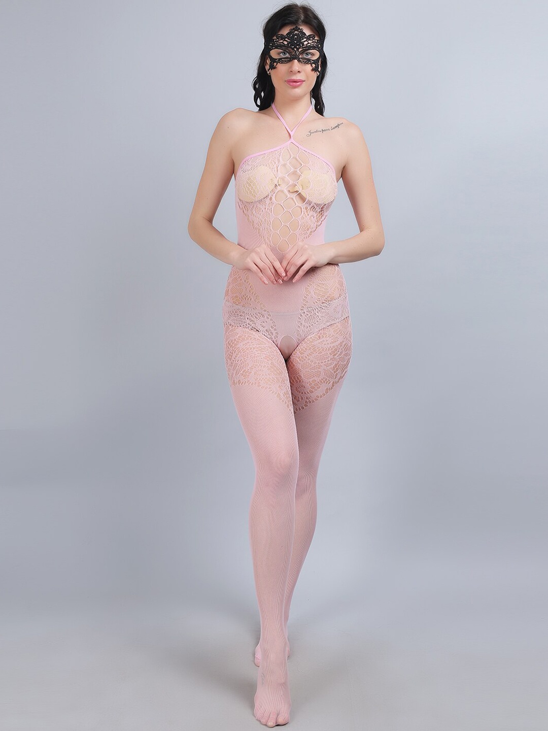 

COLOR STYLE Self Design Halter Neck Baby Doll Comes With Mask, Pink