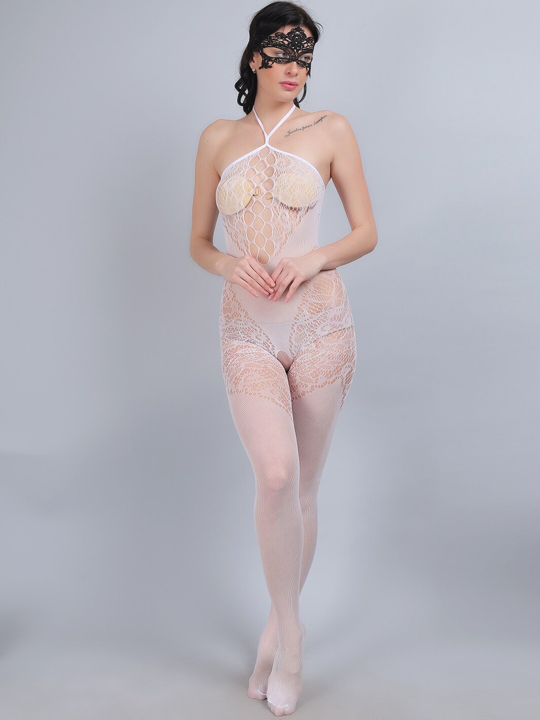 

COLOR STYLE Self Design Halter Neck Baby Doll Comes With Mask, White
