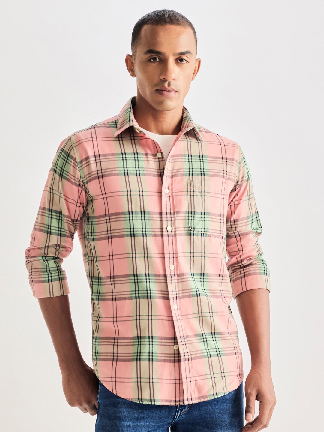 

Red Flame Men Tartan Checks Opaque Checked Casual Shirt, Pink