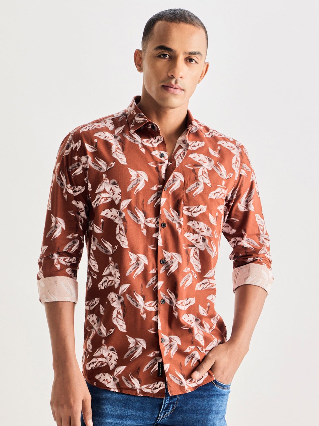 

Red Flame Men Floral Opaque Printed Casual Shirt, Orange