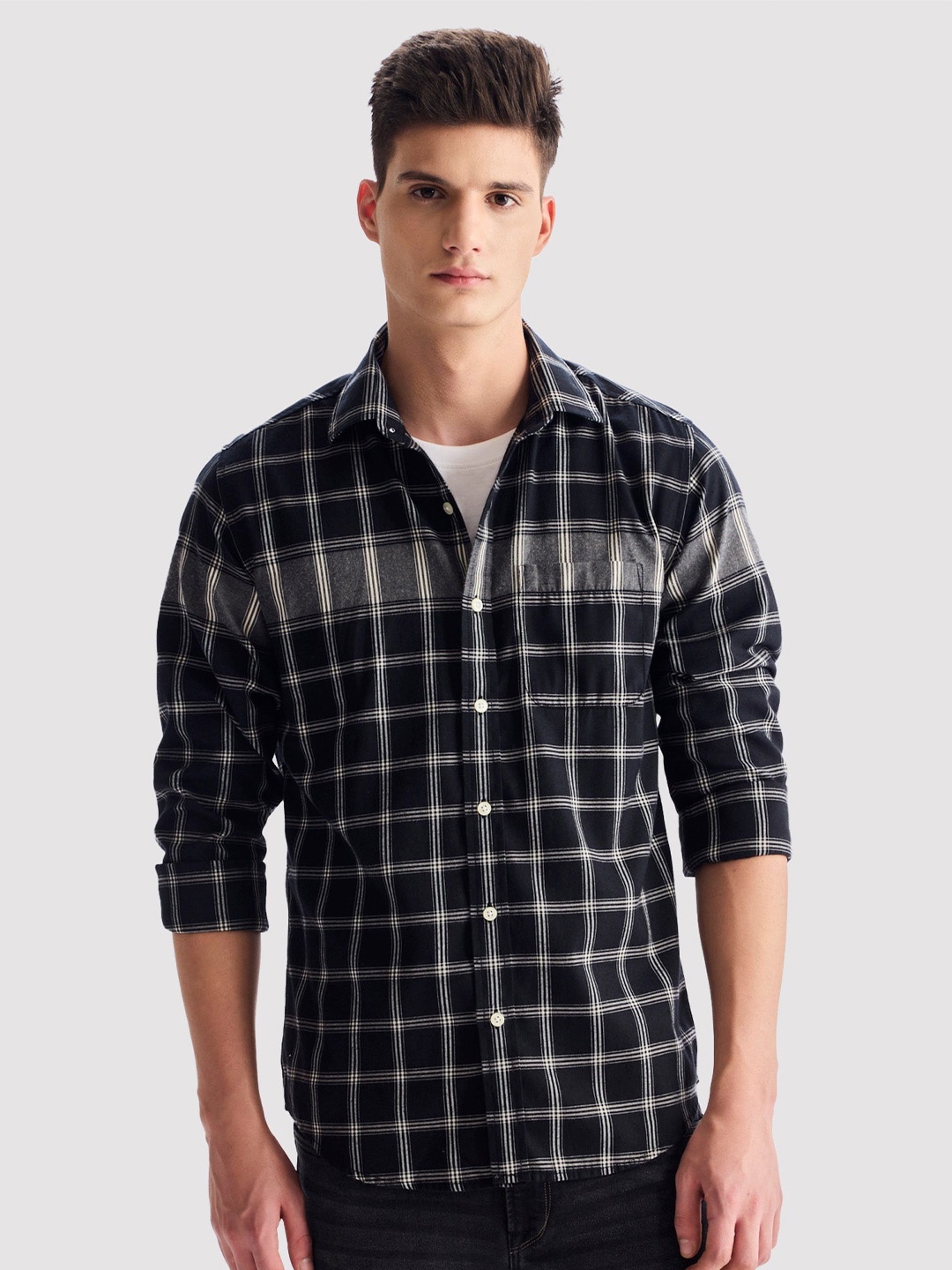 

Red Flame Men Opaque Checked Casual Shirt, Black