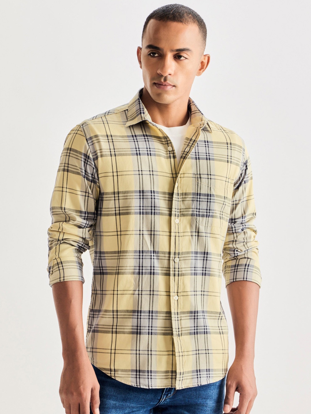 

Red Flame Men Tartan Checks Opaque Checked Casual Shirt, Cream