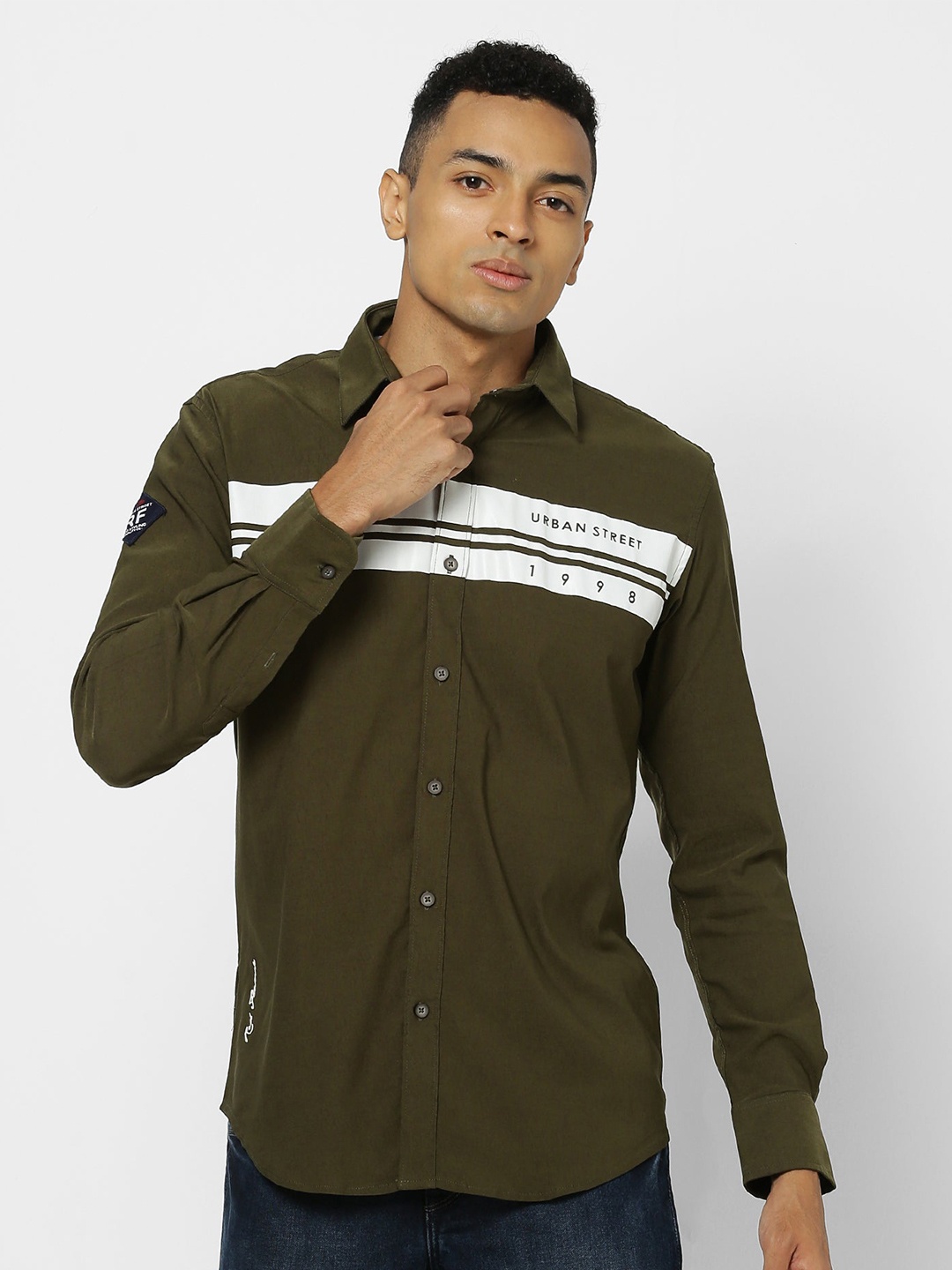 

Red Flame Spread Collar Long Sleeves Printed Casual Shirt, Olive