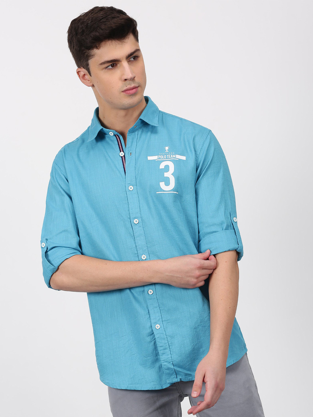 

Red Flame Spread Collar Roll-Up Sleeves Cotton Casual Shirt, Blue