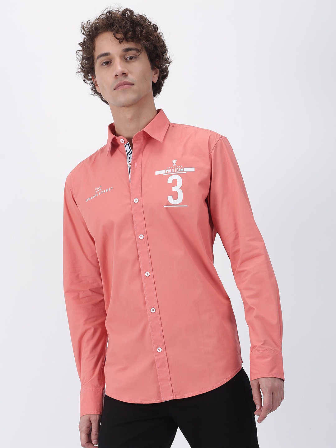

Red Flame Spread Collar Long Sleeves Cotton Casual Shirt, Pink
