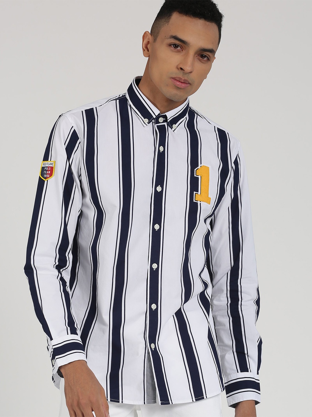 

Red Flame Cotton Regular Fit Striped Casual Shirt, Navy blue